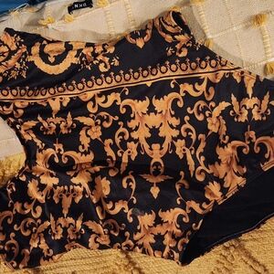 BooHoo Black and Gold Baroque Print Swimsuit